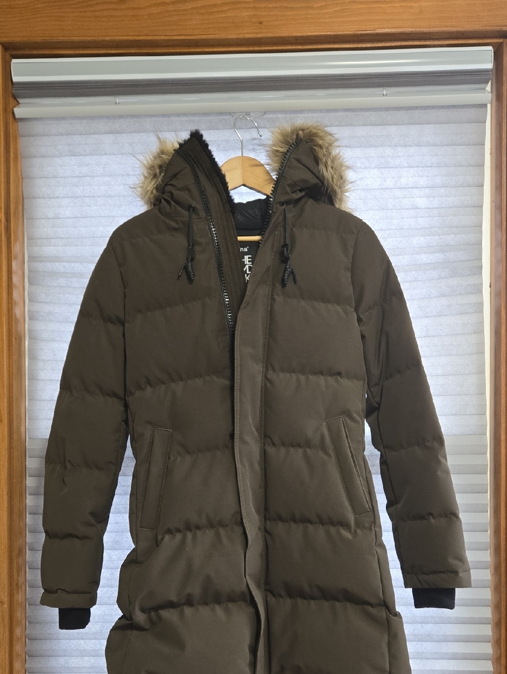 TNA Powder Parka Olive Long Puffer Coat with Faux Fur Hood